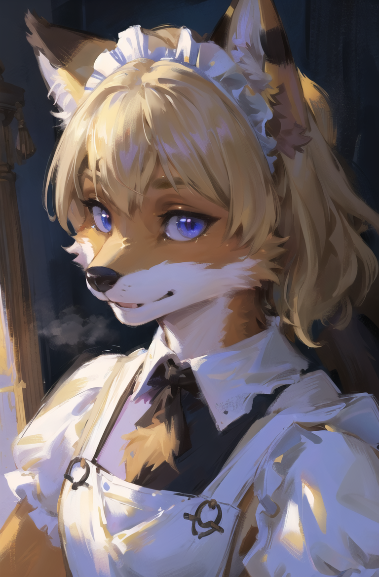 00032-1918924426-absurdres, highres, ultra detailed, masterpiece, sharp shading,portrait, _fox furry girl,kid,maid dress,(white apron_1.2),oil pa.png